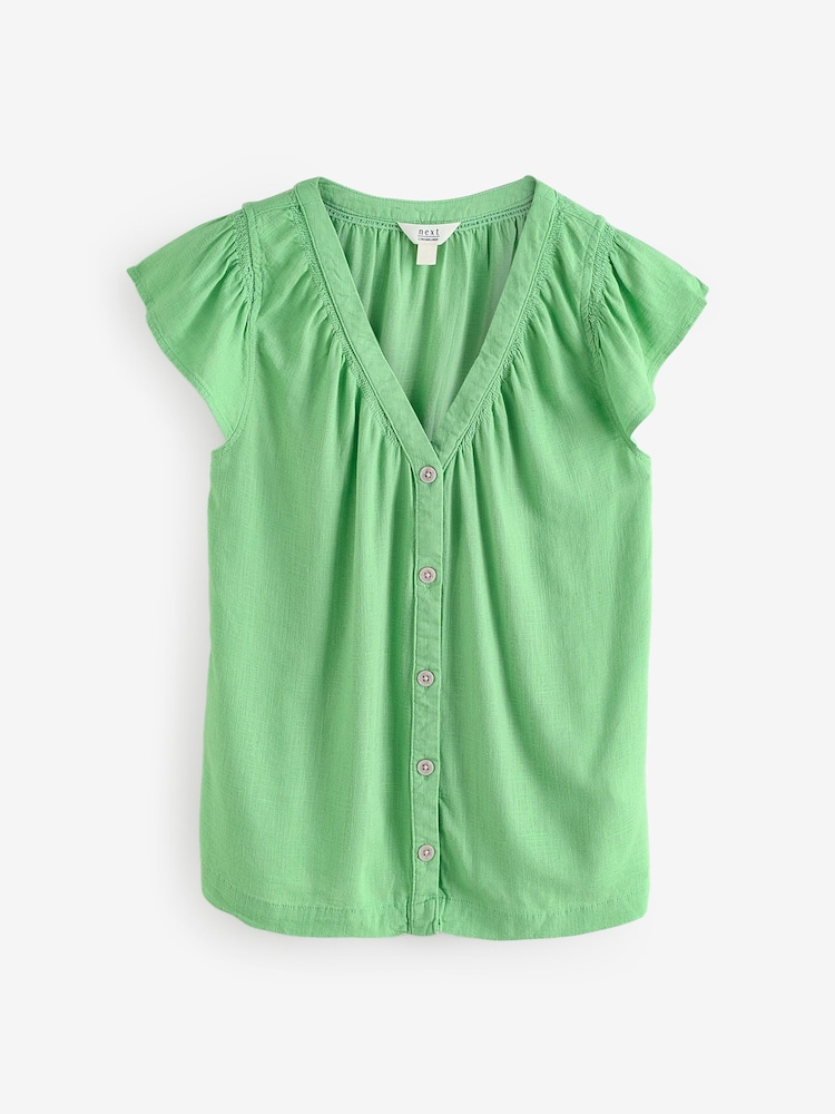 Green Button Down Ruffle Sleeve Top With Linen - Image 1 of 3