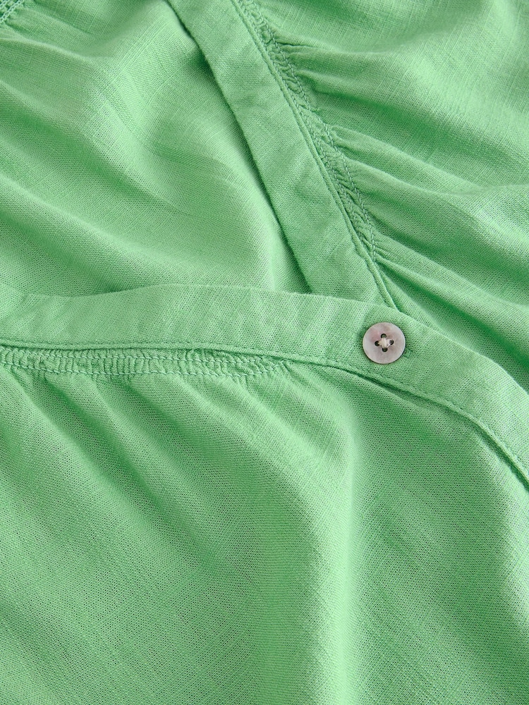Green Button Down Ruffle Sleeve Top With Linen - Image 2 of 3