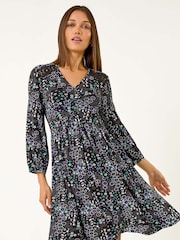 Roman Blue Floral Print Lace Trim Dress - Image 1 of 6