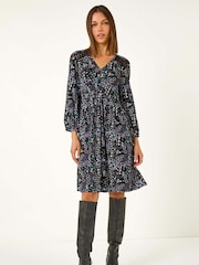 Roman Blue Floral Print Lace Trim Dress - Image 4 of 6