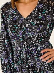 Roman Blue Floral Print Lace Trim Dress - Image 6 of 6