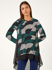 Roman Blue Leaf Print Chiffon Dipped Hem Top - Image 1 of 6