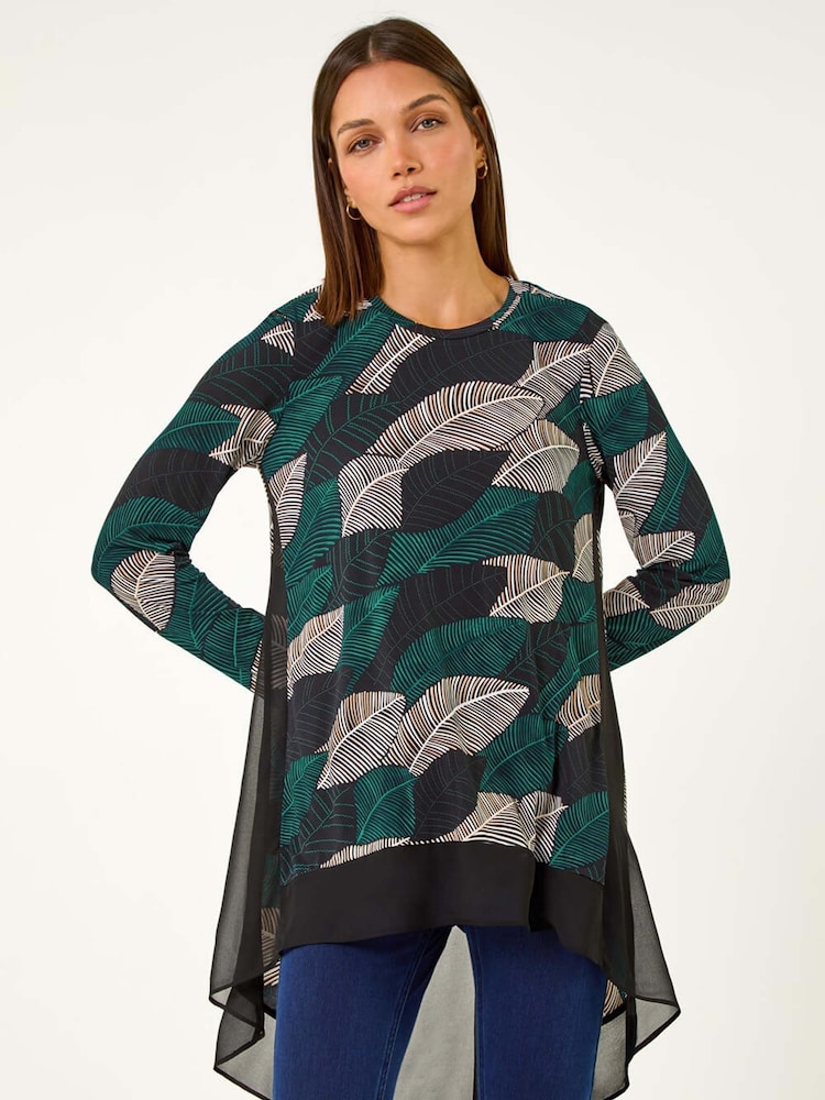 Roman Blue Leaf Print Chiffon Dipped Hem Top - Image 1 of 6