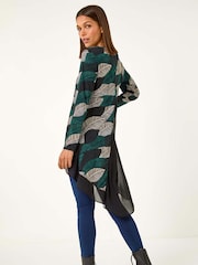 Roman Blue Leaf Print Chiffon Dipped Hem Top - Image 3 of 6