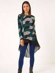 Roman Blue Leaf Print Chiffon Dipped Hem Top - Image 4 of 6