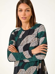 Roman Blue Leaf Print Chiffon Dipped Hem Top - Image 5 of 6