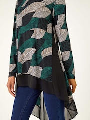 Roman Blue Leaf Print Chiffon Dipped Hem Top - Image 6 of 6