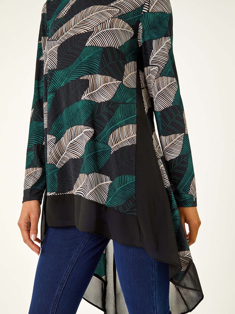 Roman Blue Leaf Print Chiffon Dipped Hem Top - Image 6 of 6