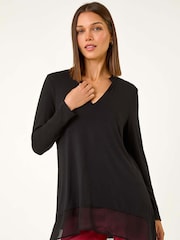 Roman Black V-Neck Chiffon Hem Top - Image 1 of 5