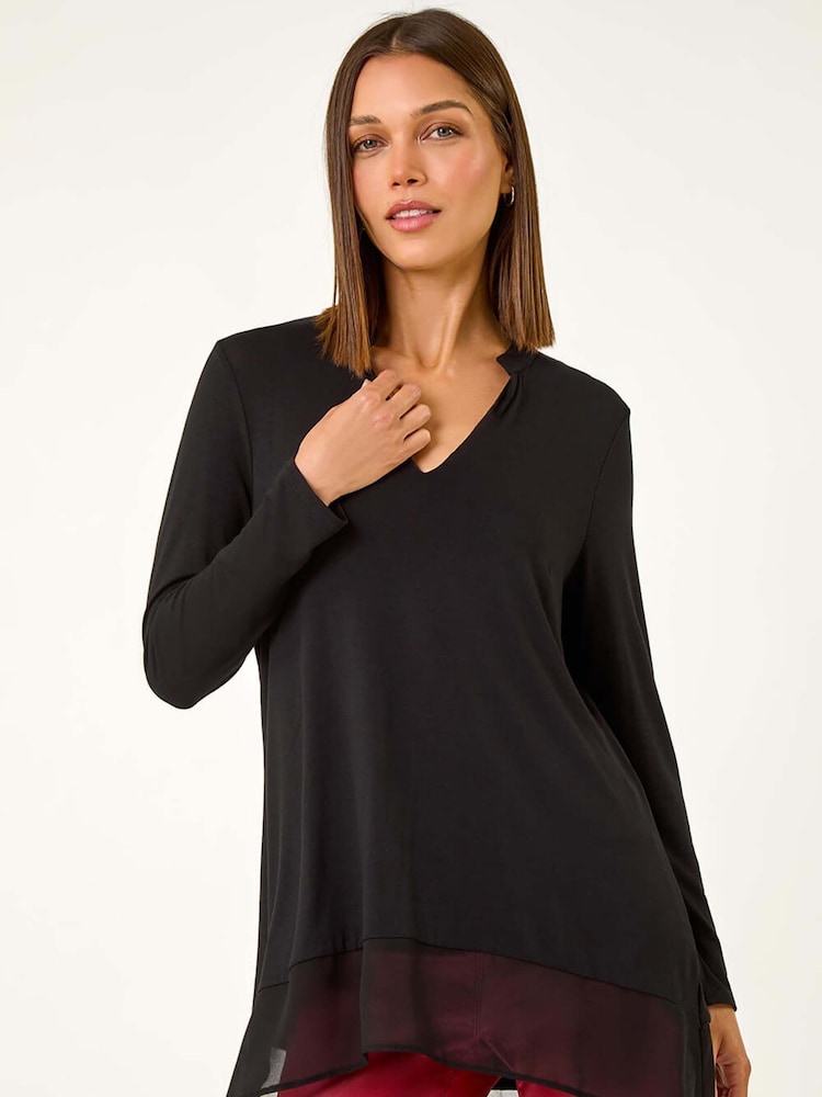 Roman Black V-Neck Chiffon Hem Top - Image 1 of 5