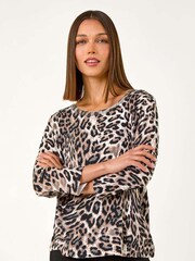 Roman Brown Animal Print Embellished Neck Jumper - Image 1 of 5