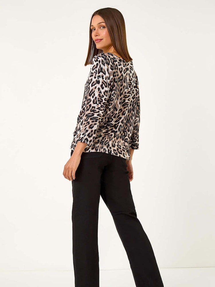 Roman Brown Animal Print Embellished Neck Jumper - Image 2 of 5