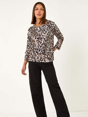 Roman Brown Animal Print Embellished Neck Jumper - Image 3 of 5