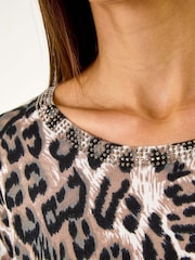 Roman Brown Animal Print Embellished Neck Jumper - Image 5 of 5