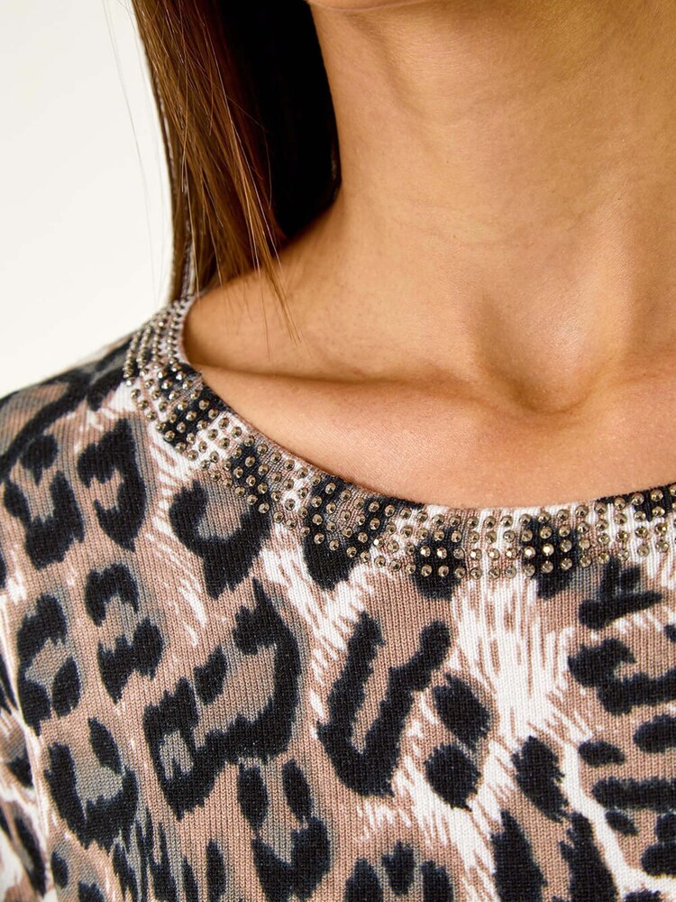 Roman Brown Animal Print Embellished Neck Jumper - Image 5 of 5