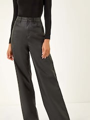 Roman Black Coated Stretch Waist Wide Leg Jeans - Image 1 of 5
