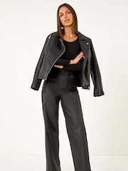 Roman Black Coated Stretch Waist Wide Leg Jeans - Image 3 of 5