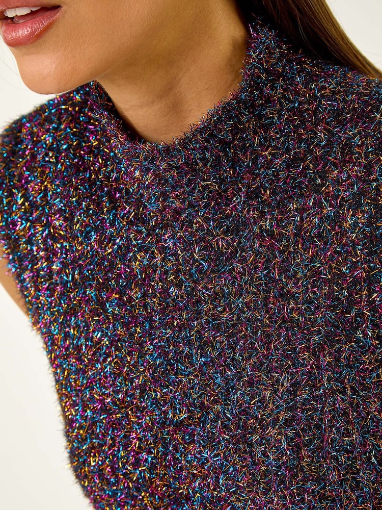 Roman Black Fluffy Tinsel Knit Sleeveless Top - Image 5 of 5