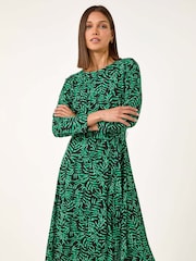 Roman Green Leaf Print Stretch Belted Dress - Image 1 of 5