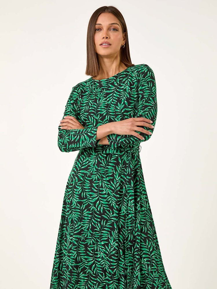 Roman Green Leaf Print Stretch Belted Dress - Image 1 of 5