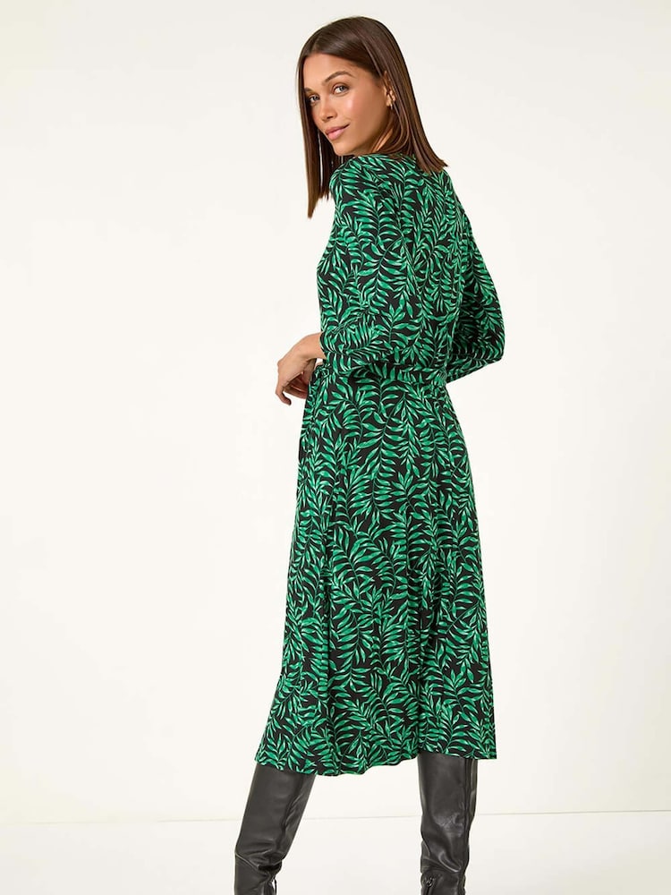 Roman Green Leaf Print Stretch Belted Dress - Image 2 of 5 Roman Green Leaf Print Stretch Belted Dress - Image 2 of 5