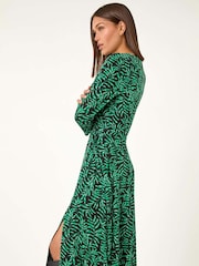 Roman Green Leaf Print Stretch Belted Dress - Image 4 of 5