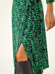 Roman Green Leaf Print Stretch Belted Dress - Image 5 of 5