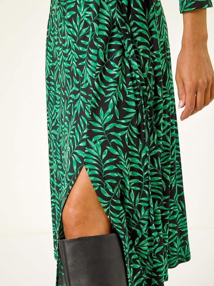 Roman Green Leaf Print Stretch Belted Dress - Image 5 of 5