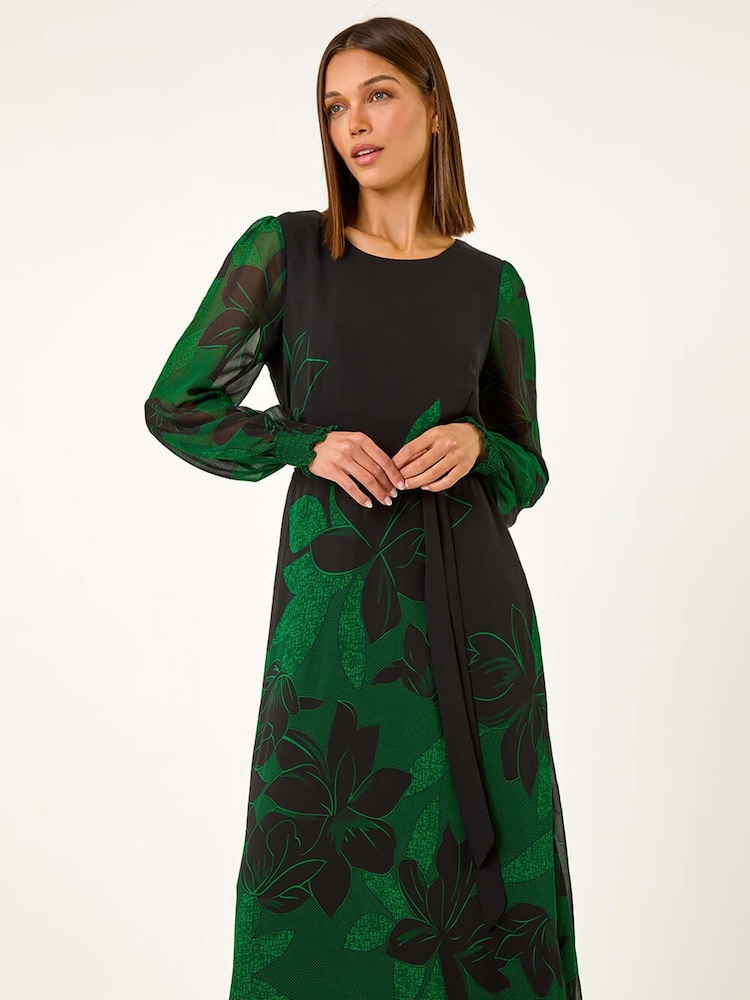 Roman Green Floral Print Shirred Midi Dress - Image 1 of 5