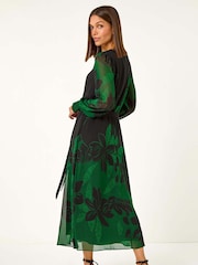Roman Green Floral Print Shirred Midi Dress - Image 2 of 5