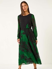 Roman Green Floral Print Shirred Midi Dress - Image 3 of 5