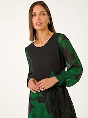 Roman Green Floral Print Shirred Midi Dress - Image 4 of 5