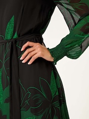 Roman Green Floral Print Shirred Midi Dress - Image 5 of 5