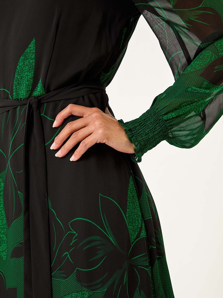 Roman Green Floral Print Shirred Midi Dress - Image 5 of 5