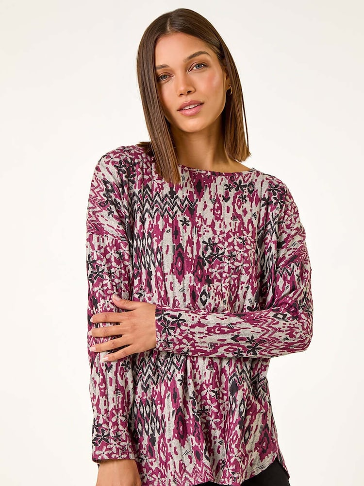 Roman Purple Floral Ikat Print Rib Top - Image 1 of 5