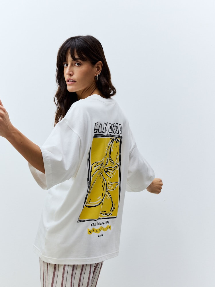 Ecru White/Bright Yellow Oversized 100% Cotton Lemon Limonada Back Graphic Short Sleeve Crew Neck T-Shirt - Image 1 of 5