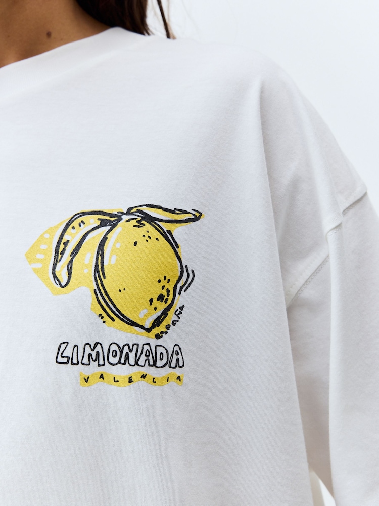 Ecru White/Bright Yellow Oversized 100% Cotton Lemon Limonada Back Graphic Short Sleeve Crew Neck T-Shirt - Image 5 of 5