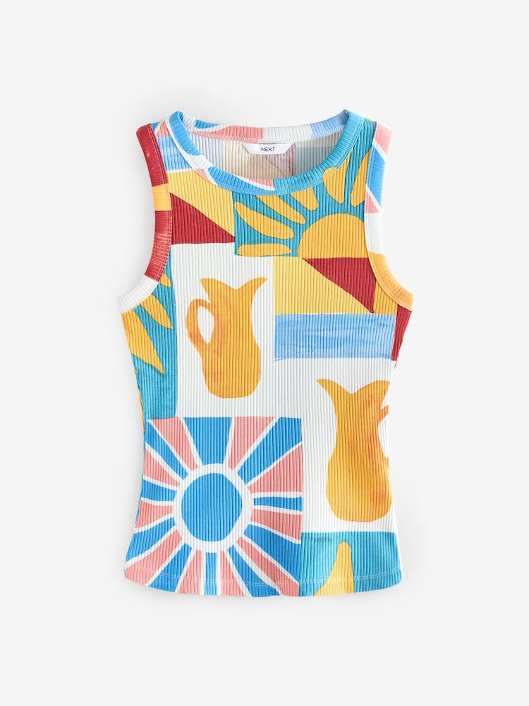 Blue/Yellow Ribbed Racer Tank Vest Sleeveless Top - Image 3 of 5