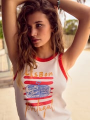 White/Red Ribbed Racer Tank Vest Sleeveless Top - Image 1 of 7