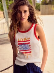 White/Red Ribbed Racer Tank Vest Sleeveless Top - Image 2 of 7