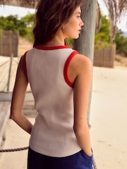 White/Red Ribbed Racer Tank Vest Sleeveless Top - Image 3 of 7