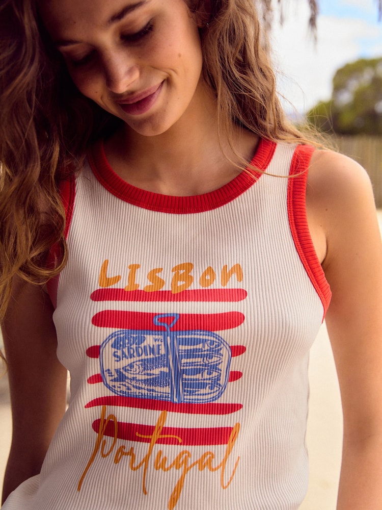 White/Red Ribbed Racer Tank Vest Sleeveless Top - Image 4 of 7