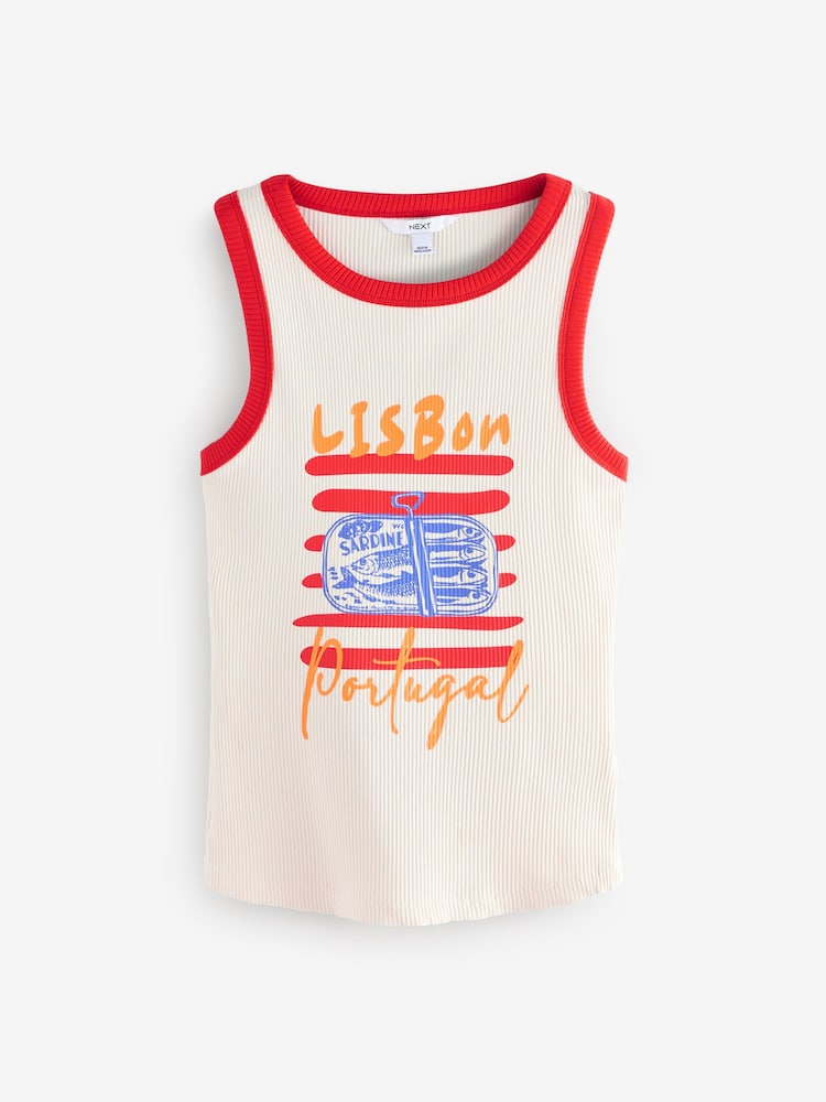 White/Red Ribbed Racer Tank Vest Sleeveless Top - Image 5 of 7