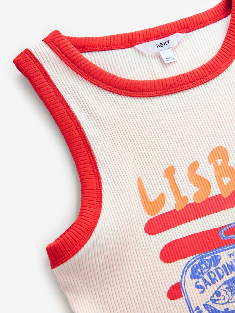White/Red Ribbed Racer Tank Vest Sleeveless Top - Image 7 of 7