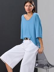 Bright Pretty Blue Linen Modal Blend Soft Touch Scoop Neck T-Shirt - Image 1 of 5