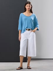 Bright Pretty Blue Linen Modal Blend Soft Touch Scoop Neck T-Shirt - Image 2 of 5