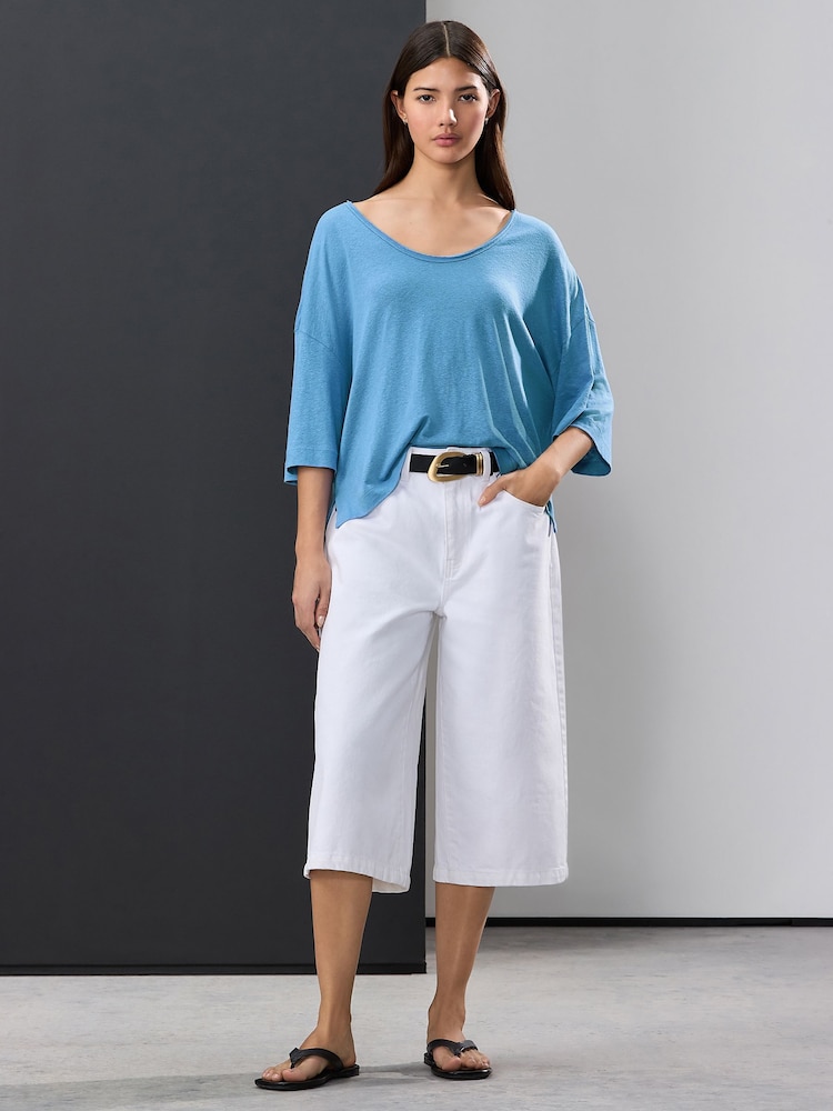 Bright Pretty Blue Linen Modal Blend Soft Touch Scoop Neck T-Shirt - Image 2 of 5