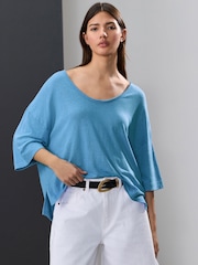Bright Pretty Blue Linen Modal Blend Soft Touch Scoop Neck T-Shirt - Image 3 of 5