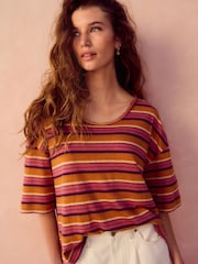Tan Brown Stripe Linen Modal Blend Soft Touch Scoop Neck T-Shirt - Image 1 of 4