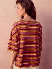 Tan Brown Stripe Linen Modal Blend Soft Touch Scoop Neck T-Shirt - Image 3 of 4